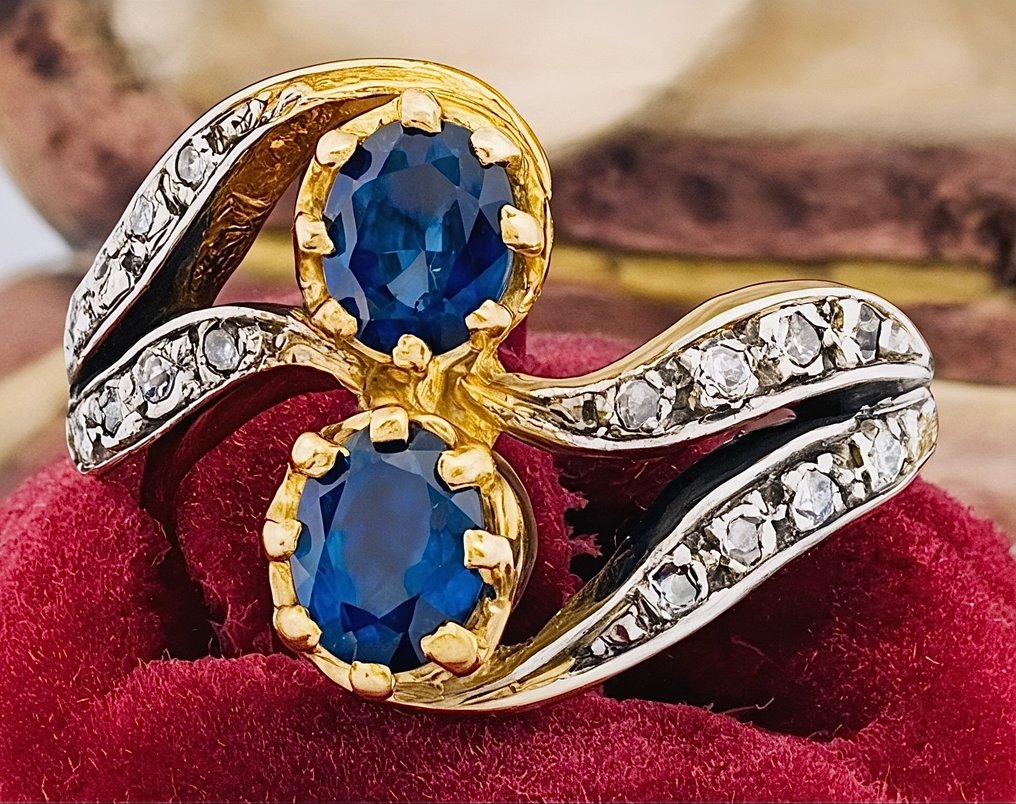 χωρίς τιμή ασφαλείας - Δαχτυλίδι - 9 kt. Κίτρινο χρυσό, Ασημί Ζαφείρι - Διαμάντι #2.1