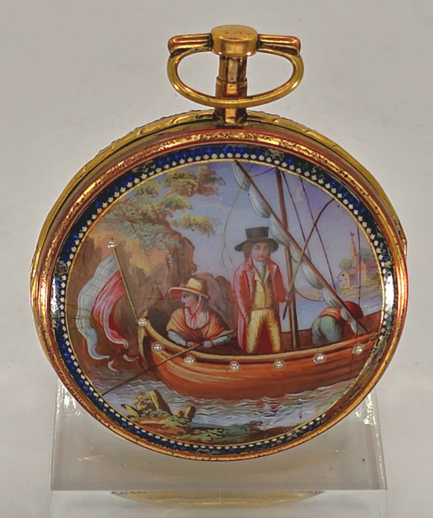 Des Roches Geneve - Lepine Spindeluhr - Emaillerückseite - Diamanten und Perlen - Der Fischfang - Schweiz um 1770 - Earlier than 1850 #1.0