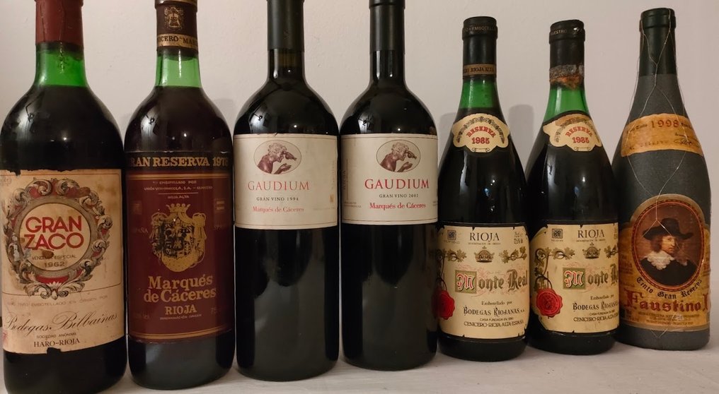 1994, 2002 Marqués de Cáceres, Gaudium, 1998 Faustino I, 1985 Monte Real x2, 1978 M. de Cáceres 1962 Gran Zaco - Reserva, Gran Reserva - Rioja - 7 Bottles (0.75L) #1.0