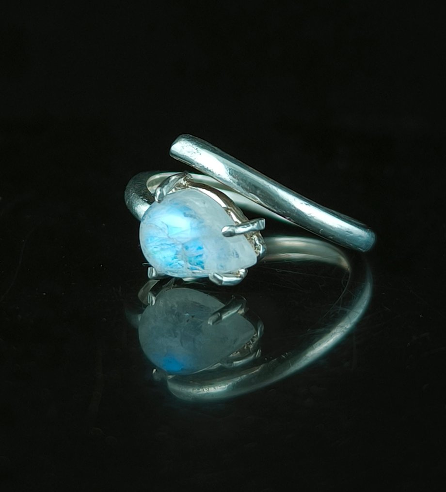 Månesten Justérbart ring af ægte sølv - Højde: 12 mm - Bredde: 10 mm- 3.02 g - (1) #1.0