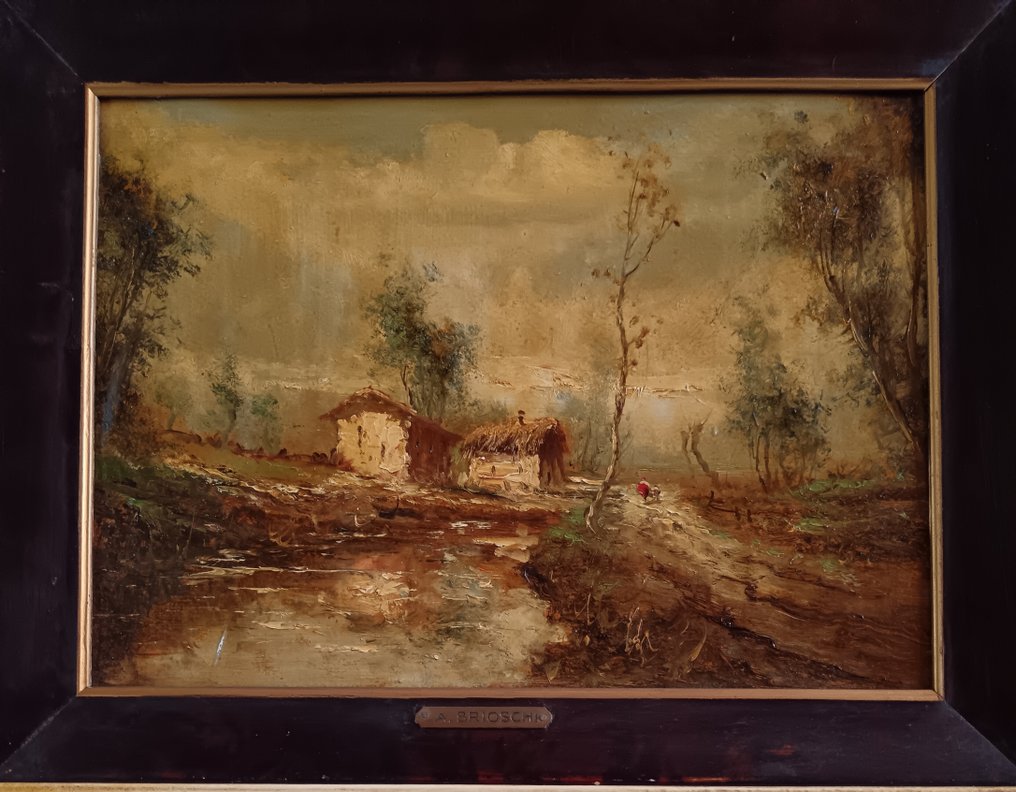 Athos Renzo Brioschi (1910-2000) - Paesaggio fluviale con rustici e figure #2.1