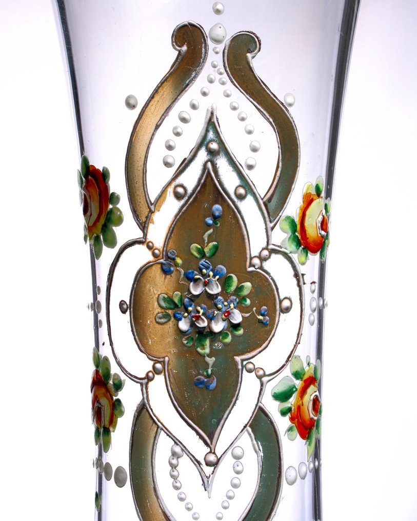 Harrach/Moser - Vase -  Tall (35cm) flared beaker with smokey finish, gilding, and polychrome floral 'Forget-me-nots' enamel  - High-quality Soda-Lime Glass #3.2