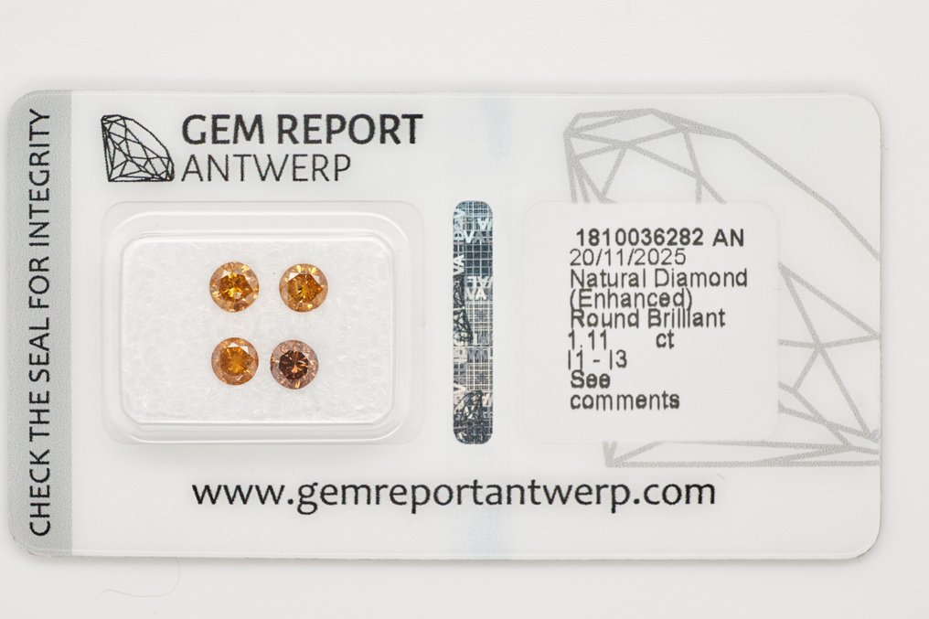 没有保留价 - 4 pcs 钻石  (经彩色处理)  - 1.11 ct - 圆形 - I1 内含一级, I2 内含二级, I3 - 安特卫普宝石报告（GRA） #1.0