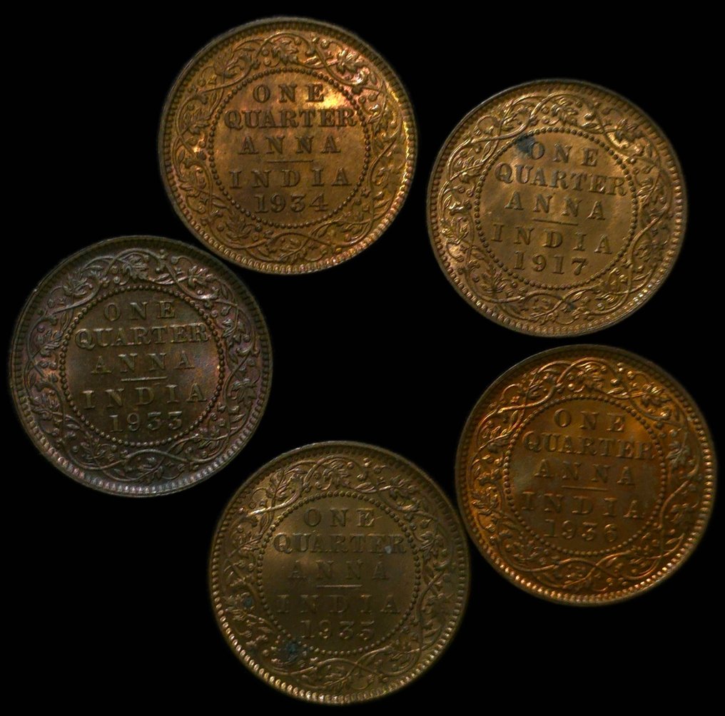 Brits India. George V. 1/4 Anna 1917, 1933, 1934, 1935 & 1936 UNC  (Zonder minimumprijs) #1.0