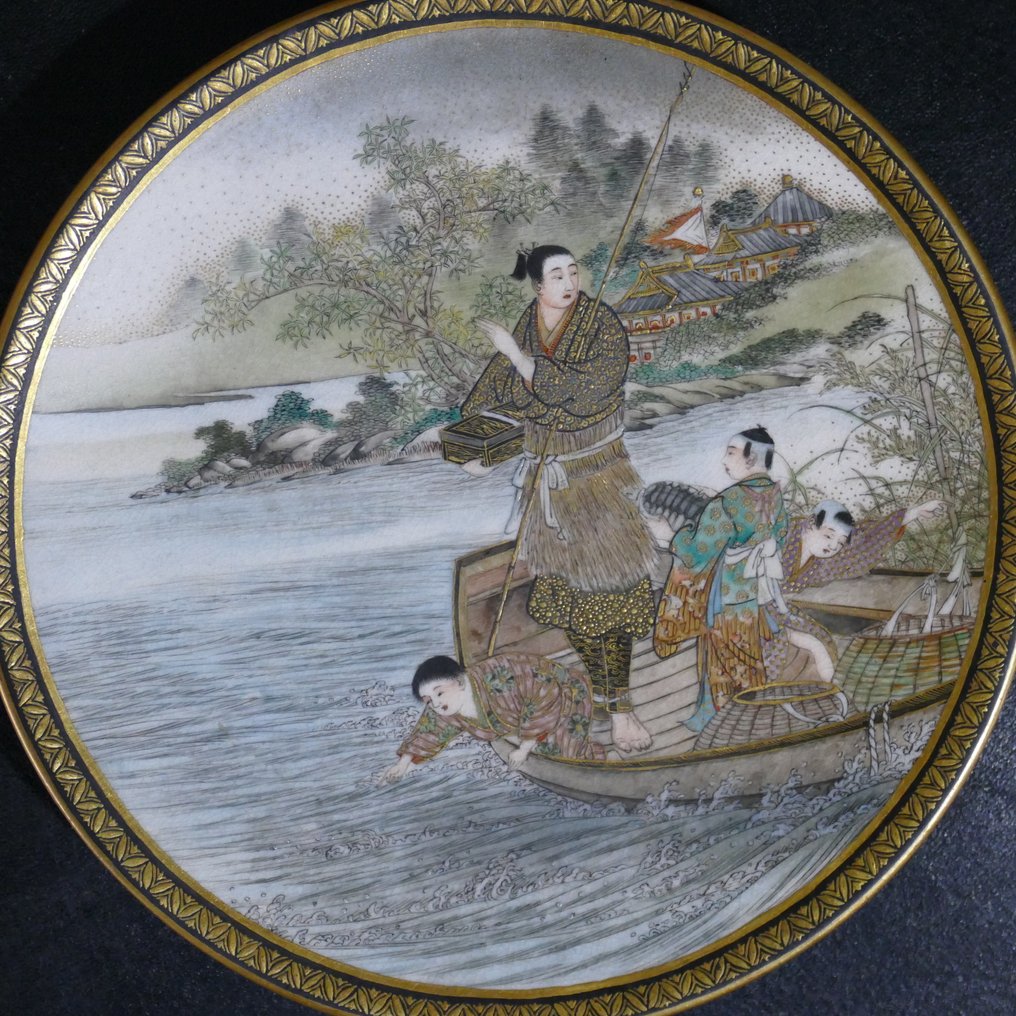 一块签名的高品质萨摩亚绘画牌匾，签名为 Kanzan 桓山 - 陶瓷 - 日本 - 明治時期（1868-1912） #2.1