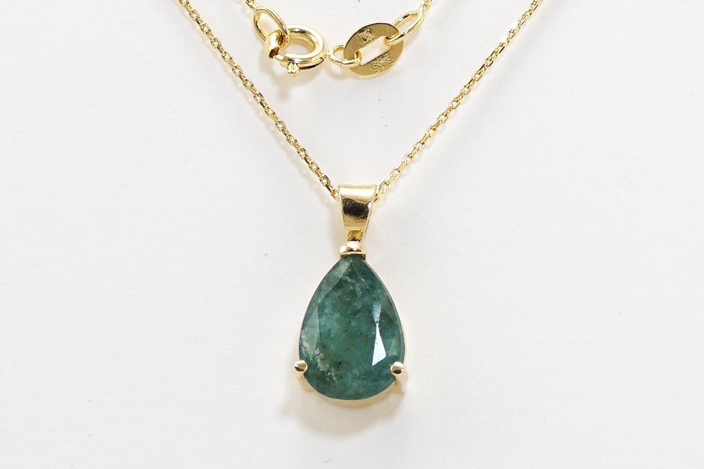 2-delige sieradenset - 14 karaat Geel goud -  3.19ct. tw. Smaragd - Smaragden hanger ketting #2.1
