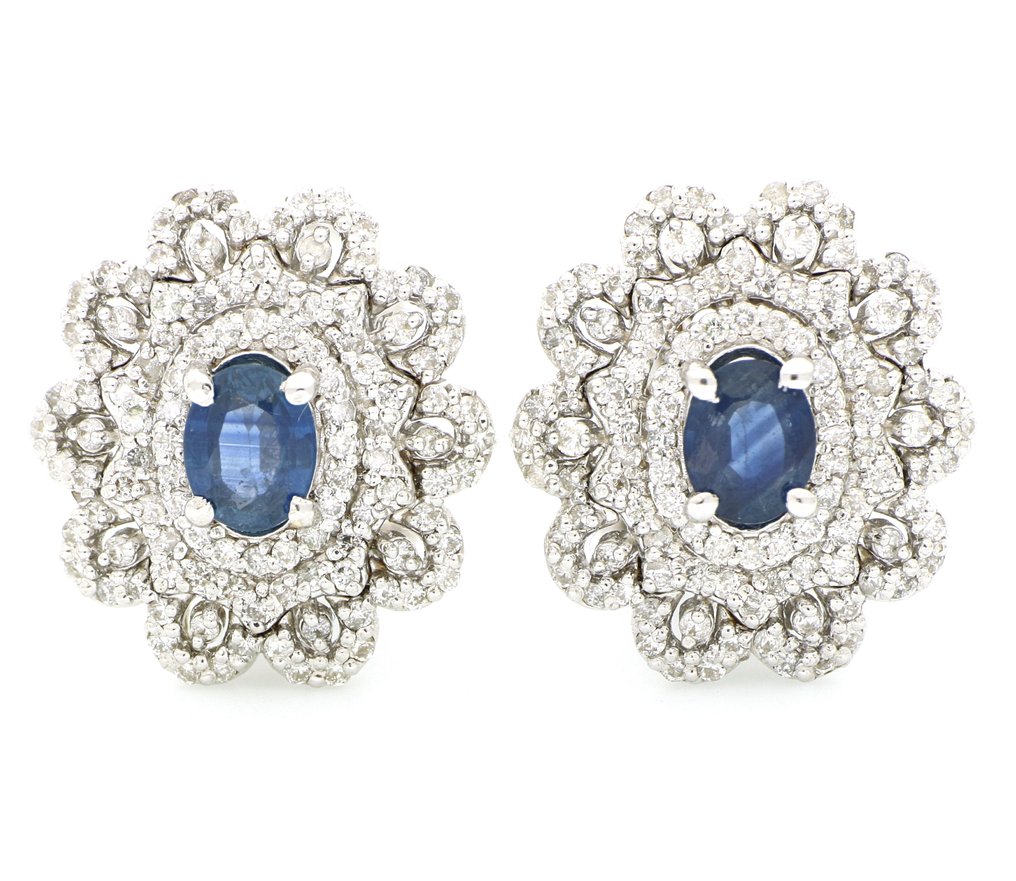 χωρίς τιμή ασφαλείας - Σκουλαρίκια - 18 καράτια Λευκός χρυσός - 2.20ct. tw. Διαμάντι (Φυσικό) - Ζαφείρι #1.0