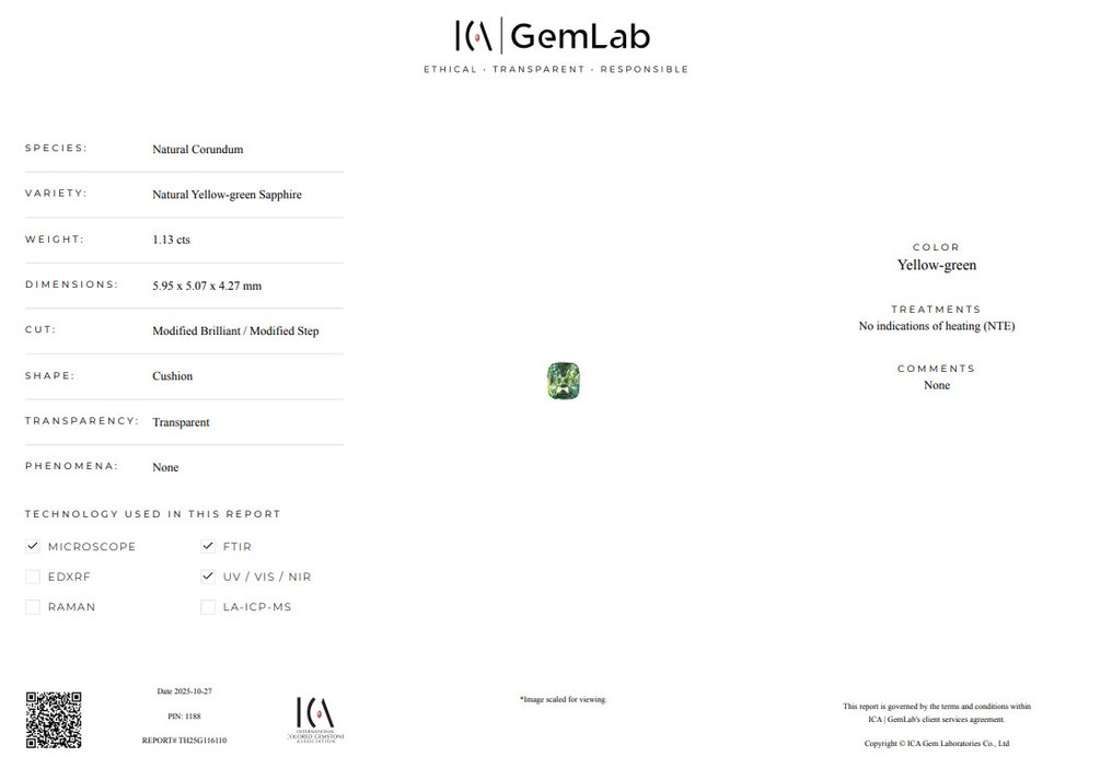 1 pcs  绿色, 黄色 蓝宝石  - 1.13 ct - 国际有色宝石协会（ICA GemLab） - 宝石品质 #3.2