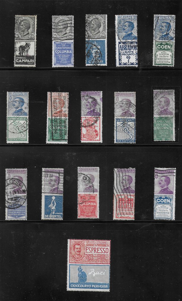 意大利王国  - 广告系列邮票16枚——15枚已盖章，1枚全新，1枚碎片，1枚穿孔 #1.0