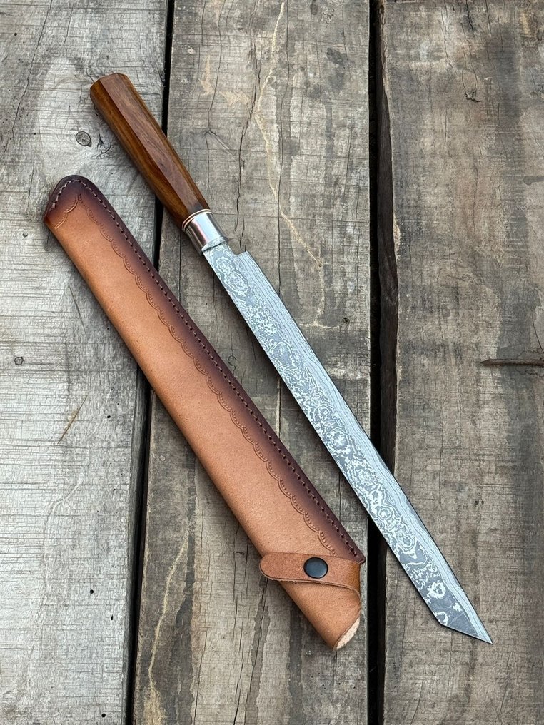 廚刀 -  厨房刀 - 大马士革 10/95 15N20 厨师刀 手工刀，银，木 - 木材 - 亞洲 #2.1