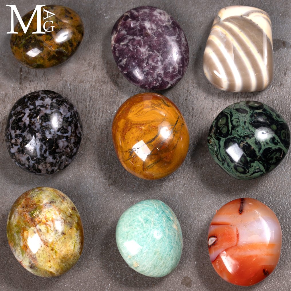 混合手掌石系列——天然碧玉、亚马逊石、坎巴巴石、印度格拉玻石和玛瑙 - 高度: 55 mm - 闊度: 55 mm- 1100 g #1.0