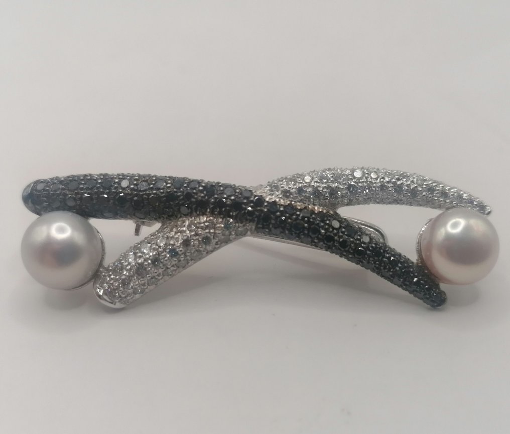 Καρφίτσα - 18 καράτια Λευκός χρυσός - 1.96ct. tw. Μαργαριτάρι - Διαμάντι #1.0