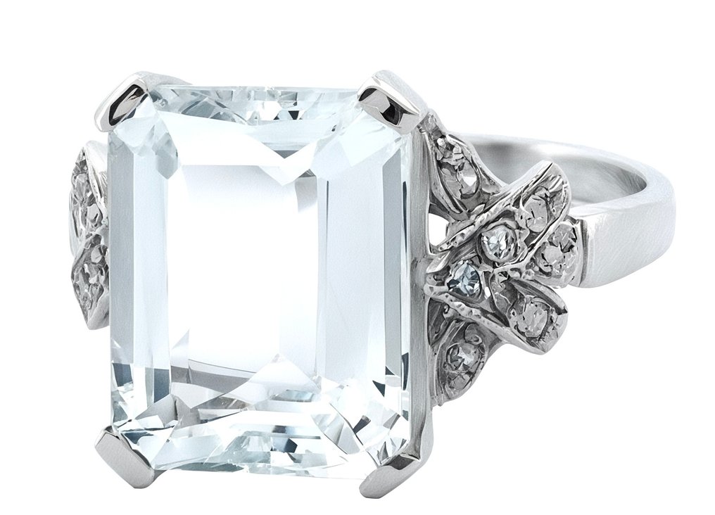 Ingen mindstepris - Ring Platin Akvamarin - Diamant #3.2