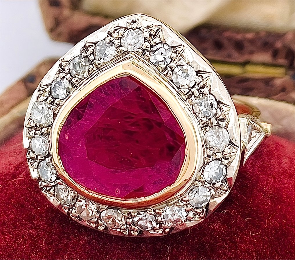 Δαχτυλίδι - 12 kt. Κίτρινο χρυσό, Ασημί Ρουμπίνι - Διαμάντι #2.1