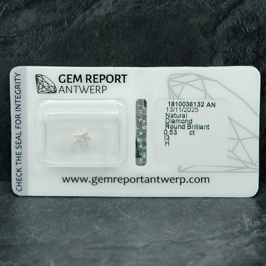 Ei pohjahintaa - 1 pcs Timantti  (Luonnollinen)  - 0.53 ct - Pyöreä - H - I3 - Jalokivitodistus, Antwerpen (GRA) #1.0