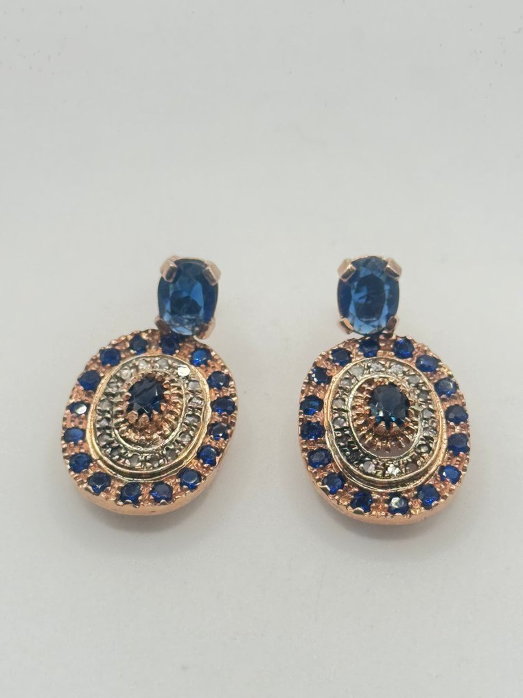 沒有保留價 - 耳環 - 9 節 銀, 玫瑰金 藍寶石 - 鉆石 #1.0
