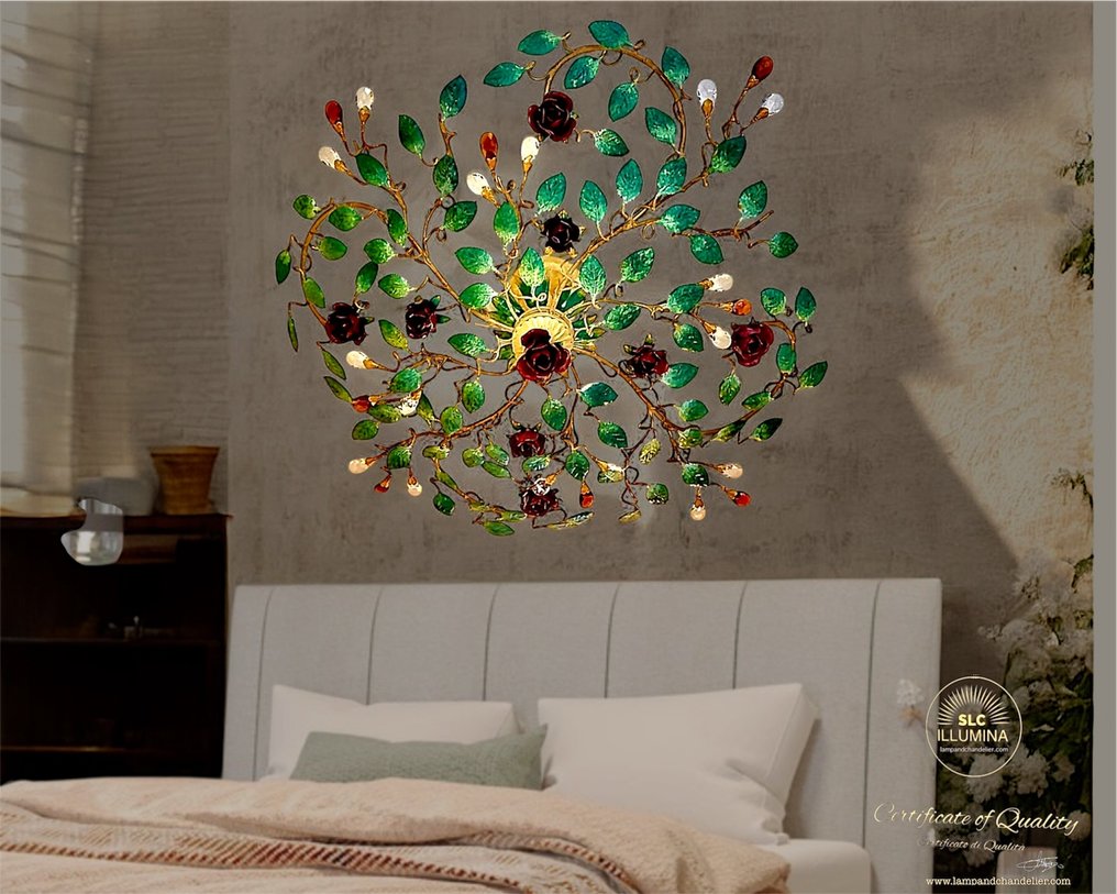 SLC Illumina - MG - Ceiling lamp - Rose laminated in gold with green leaves. - Wrought iron #1.0