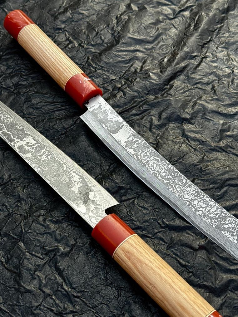 厨刀 -  厨房刀 - 大马士革10/95 15N20厨师刀，手工刀，梯形花纹 - 木头 - 亚洲 #4.3