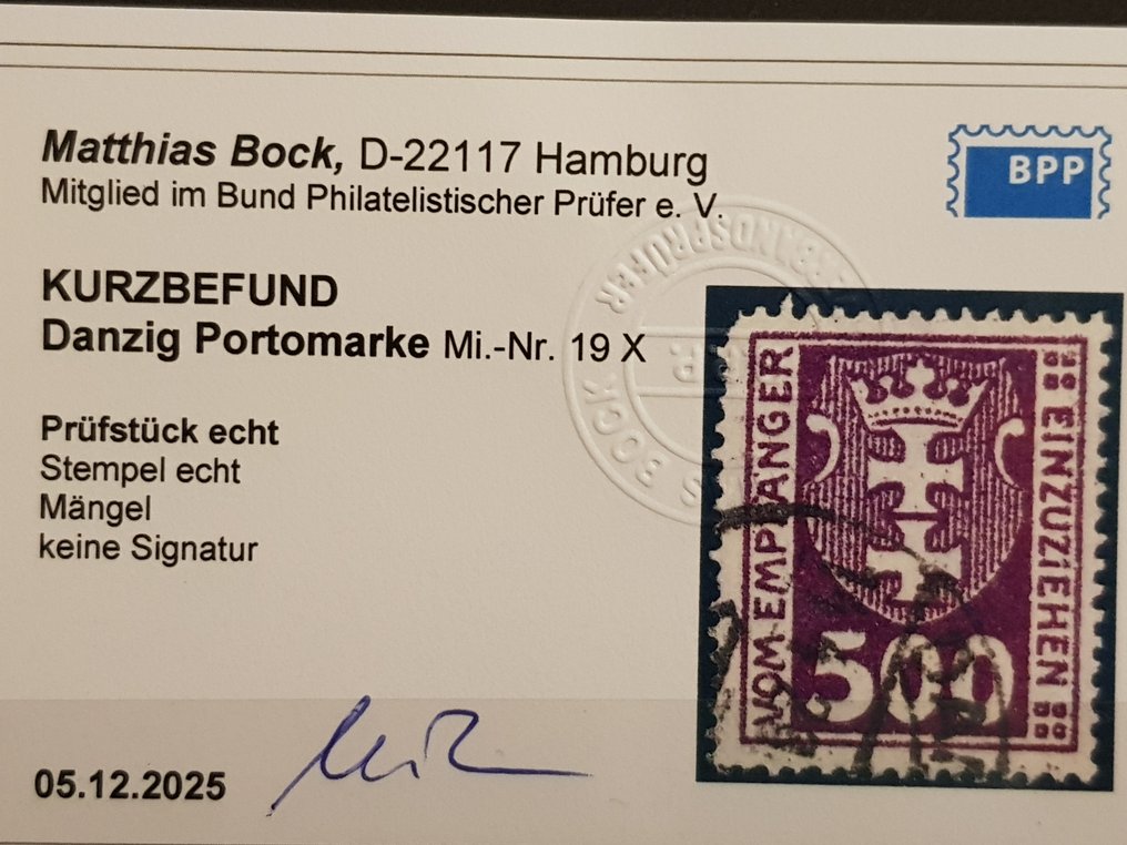 Danzig 1923 - Cachet de service, Michel n° 19X, oblitéré, avec certificat. #3.2