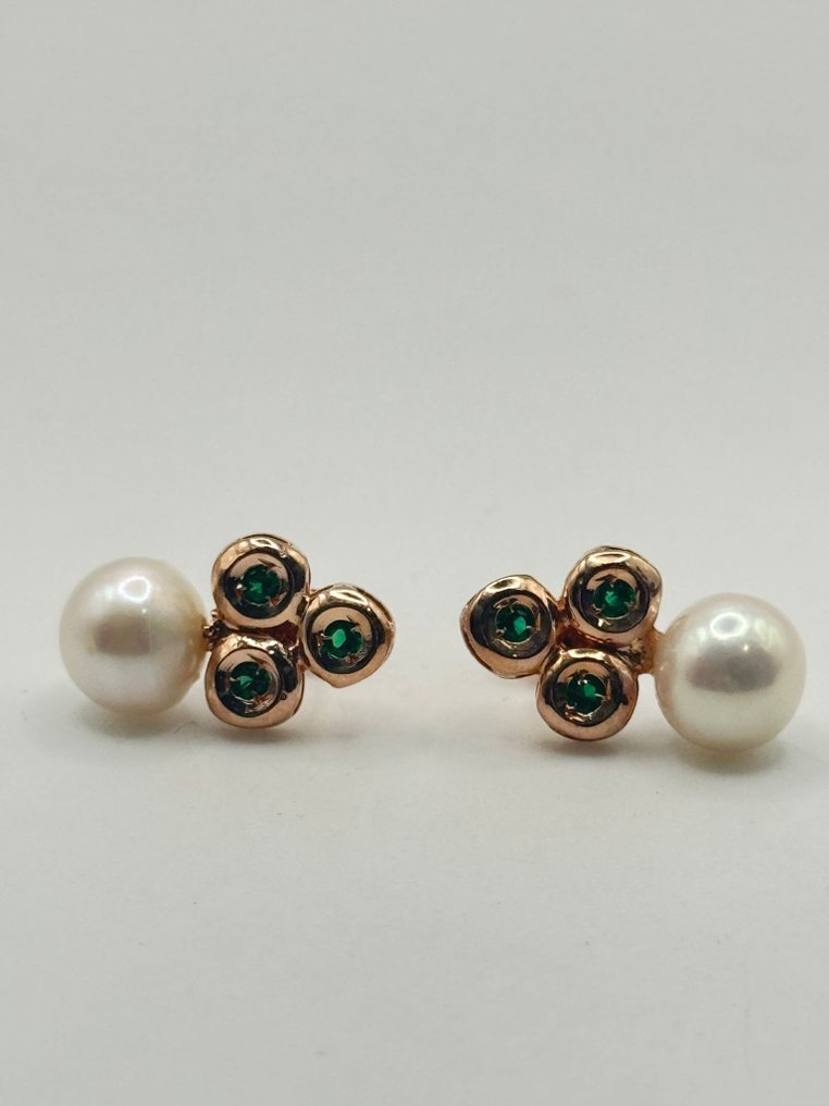 χωρίς τιμή ασφαλείας - Σκουλαρίκια - 9 kt. Ασημί, Ροζ χρυσό Σμαράγδι - Μαργαριτάρι #1.0