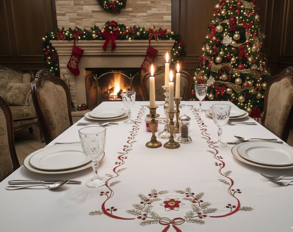 Elegante Tovaglia Natalizia ricamata a mano su misto lino Gran misura 175x310 cm tablecloth - Duk  - 310 cm - 175 cm #1.0