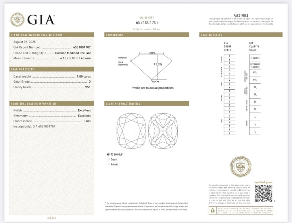 Zonder minimumprijs - 1 pcs Diamant  (Natuurlijk)  - 1.00 ct - Cushion - D (kleurloos) - VS1 - Gemological Institute of America (GIA) #4.3