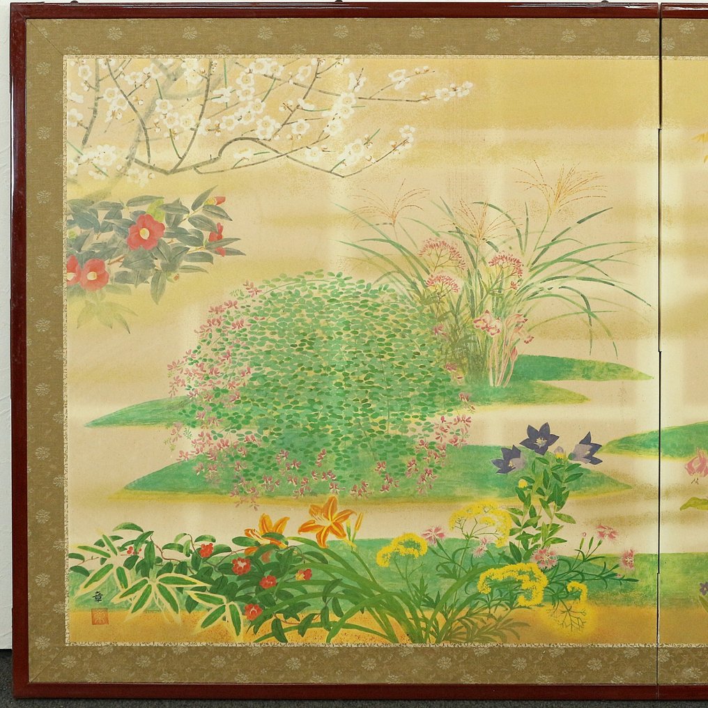 Αναδιπλούμενη οθόνη - Χρυσό Πτυσσόμενο Παραπέτασμα Εκατό Ανθοί και Χόρτα (万葉百花百草 金彩屏風) – Αντίγραφο μετά τον Κινοσίτα - Ιαπωνία  (χωρίς τιμή ασφαλείας) #1.0