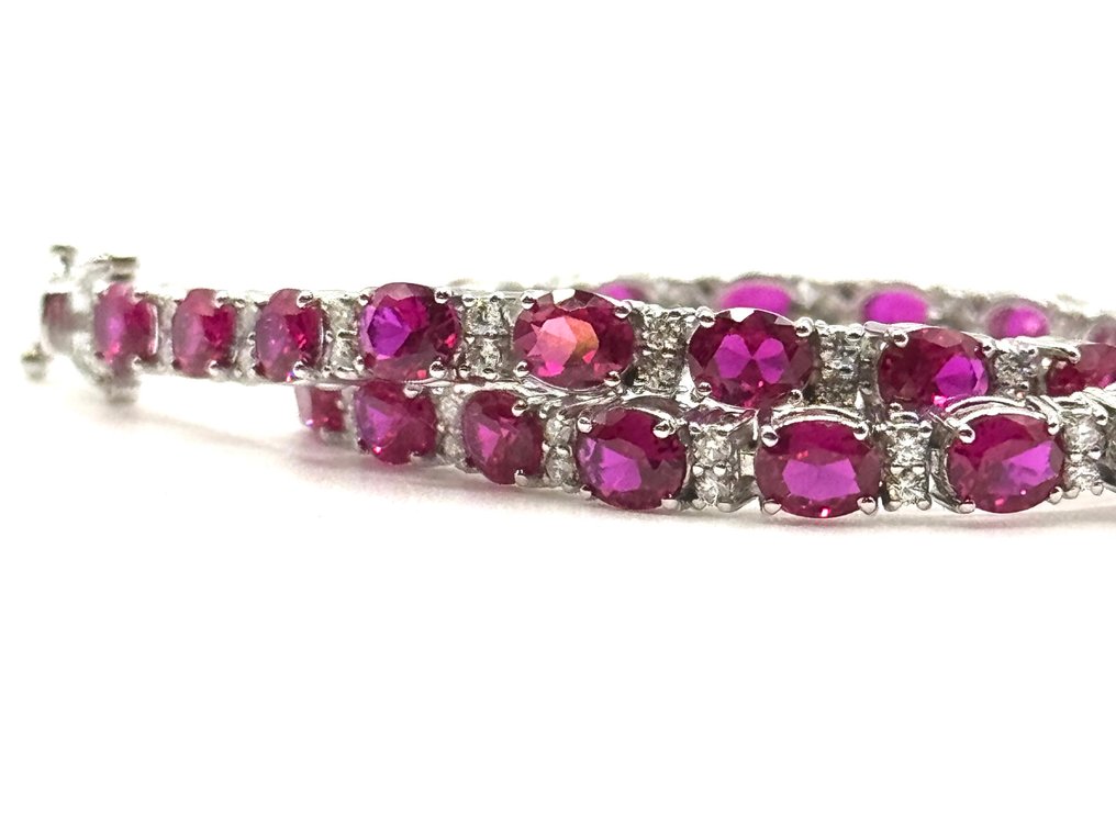 网球手链 - 18K包金 白金 -  10.00ct. tw. 红宝石 - 钻石 #4.3