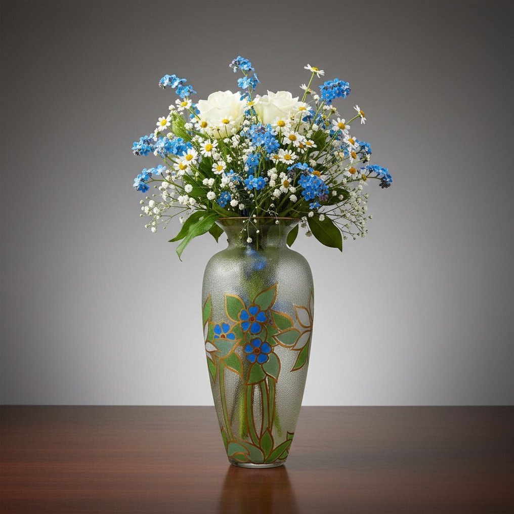 Giampaolo Ghisetti (1944) Murano - 花瓶 -  带有自由风格花卉装饰  - 手工磨砂玻璃 - 35厘米 - 1970年代 #1.0