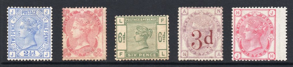 Grande Bretagne - GB QV Groupe de 5 timbres imprimés en surface, en parfait état, avec charnière. #1.0