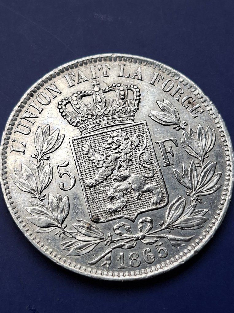 比利時. 利奧波德二世. 5 Francs 1865 (XF+ / UNC) #1.0