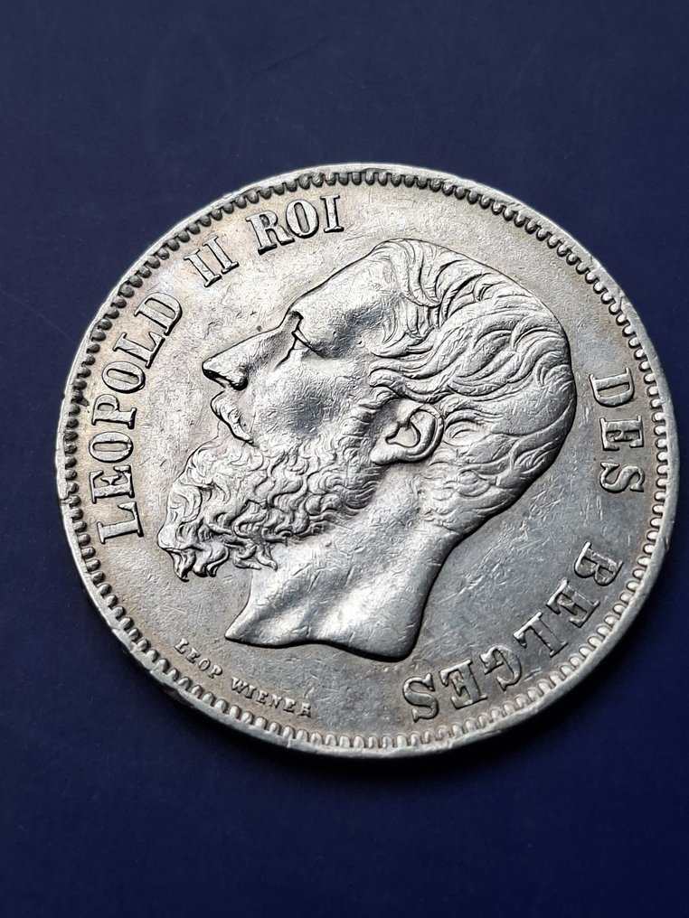 比利時. 利奧波德二世. 5 Francs 1865 (XF+ / UNC) #1.0
