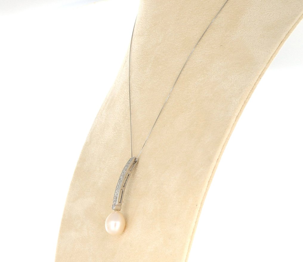 沒有保留價 - 吊墜頸鏈 - 18 克拉 白金 -  0.35ct. tw. 鉆石 (天然)  - 珍珠 #3.2