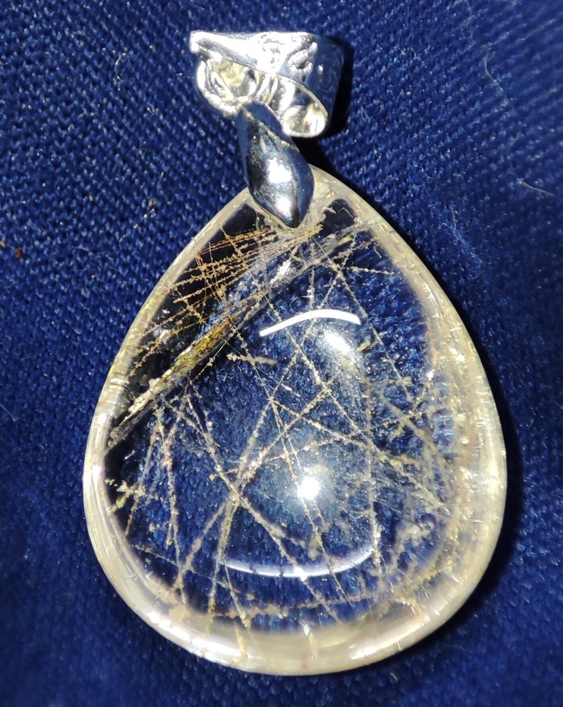 Nincs minimális ár szépséges, nagyon ritka, tiszta arany rutilezett kristálykvarc medál 925 ezüst - Függő #1.0