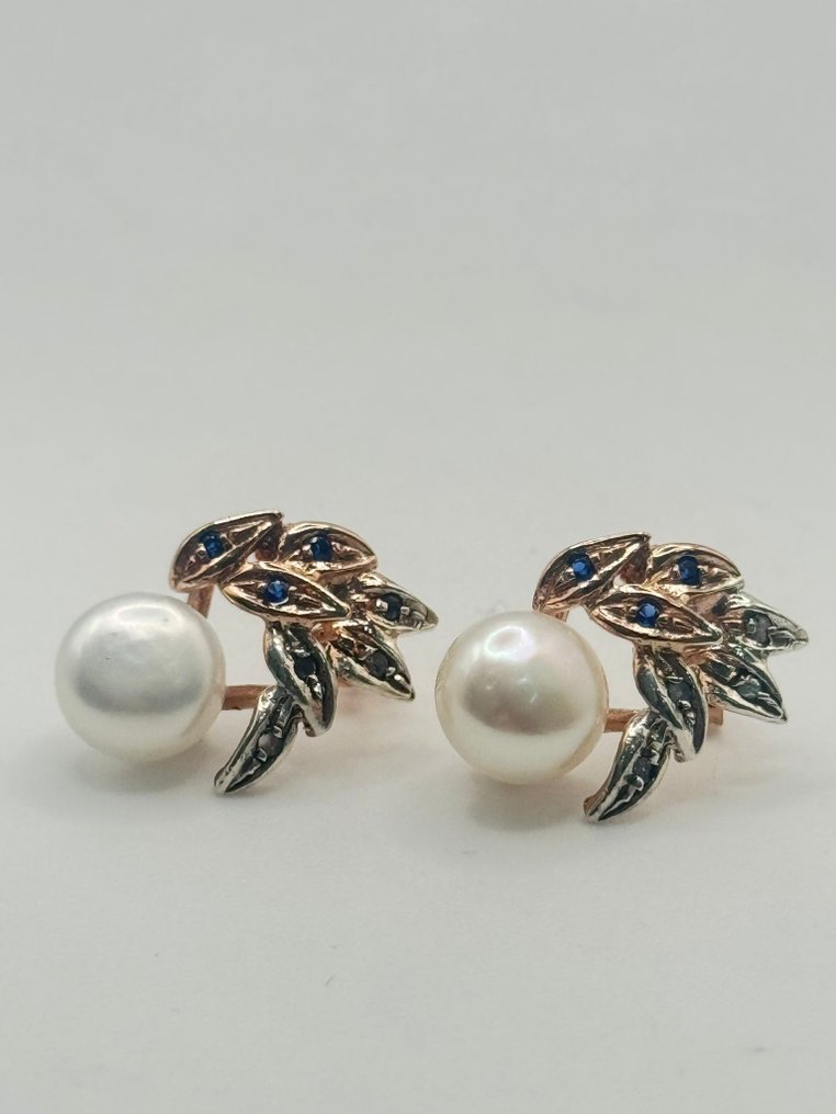 没有保留价 - 耳环 - 9 kt. 银, 玫瑰金 珍珠 - 蓝宝石 #1.0