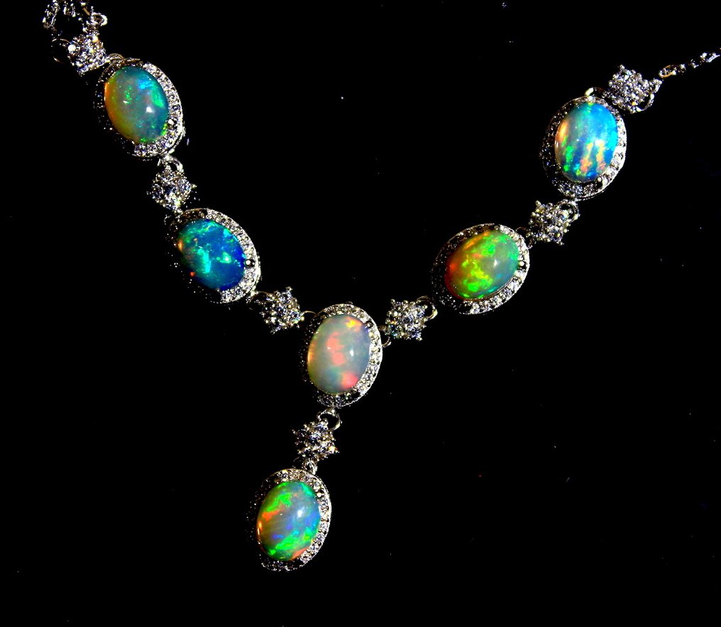 Ct. 39,60 Pietre de opal etiopian selectate Colier din argint 925- 7.92 g #1.0