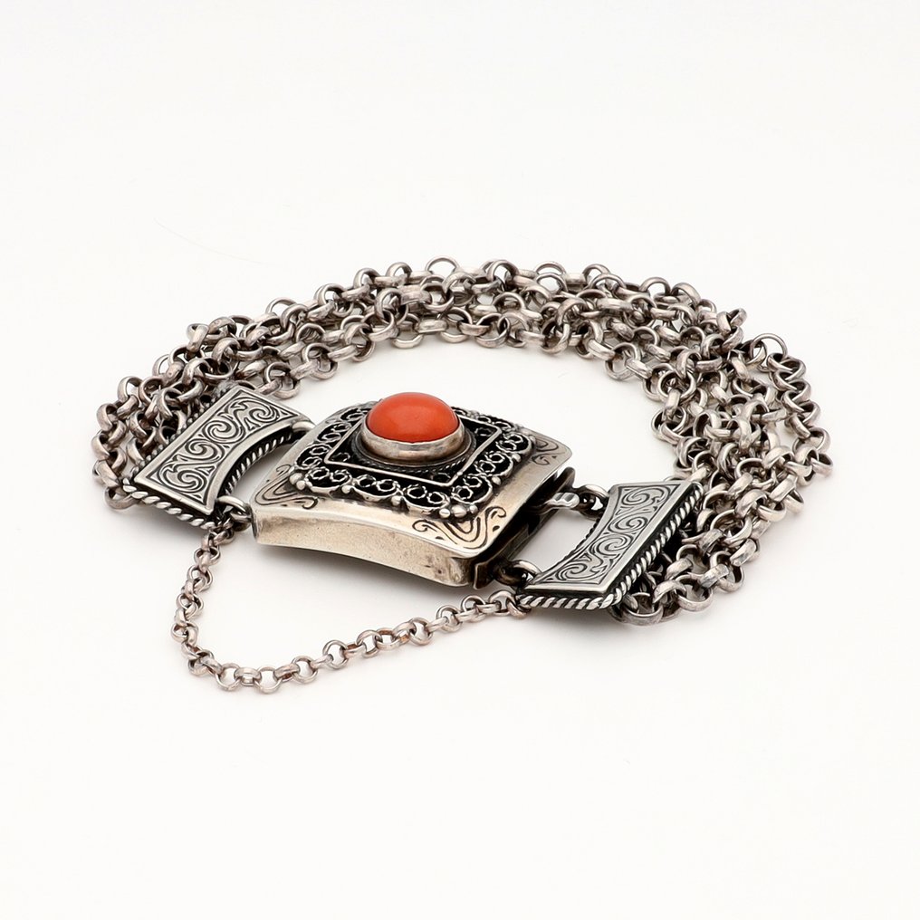 沒有保留價 - 手鈪 C. & A. Lessener 835/1000 银 - 血珊瑚 #2.1