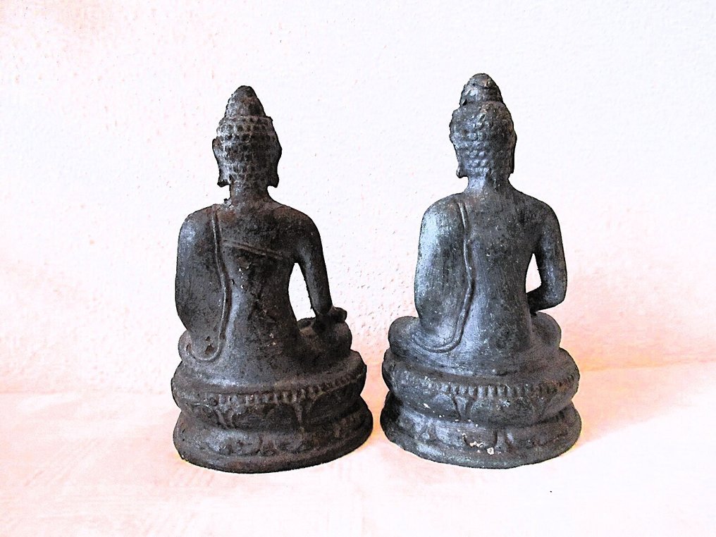 Statue, 2x Boeddha's - Bhumisparsha + Samadhi Mudra - 12.5 cm - Bronze #1.0