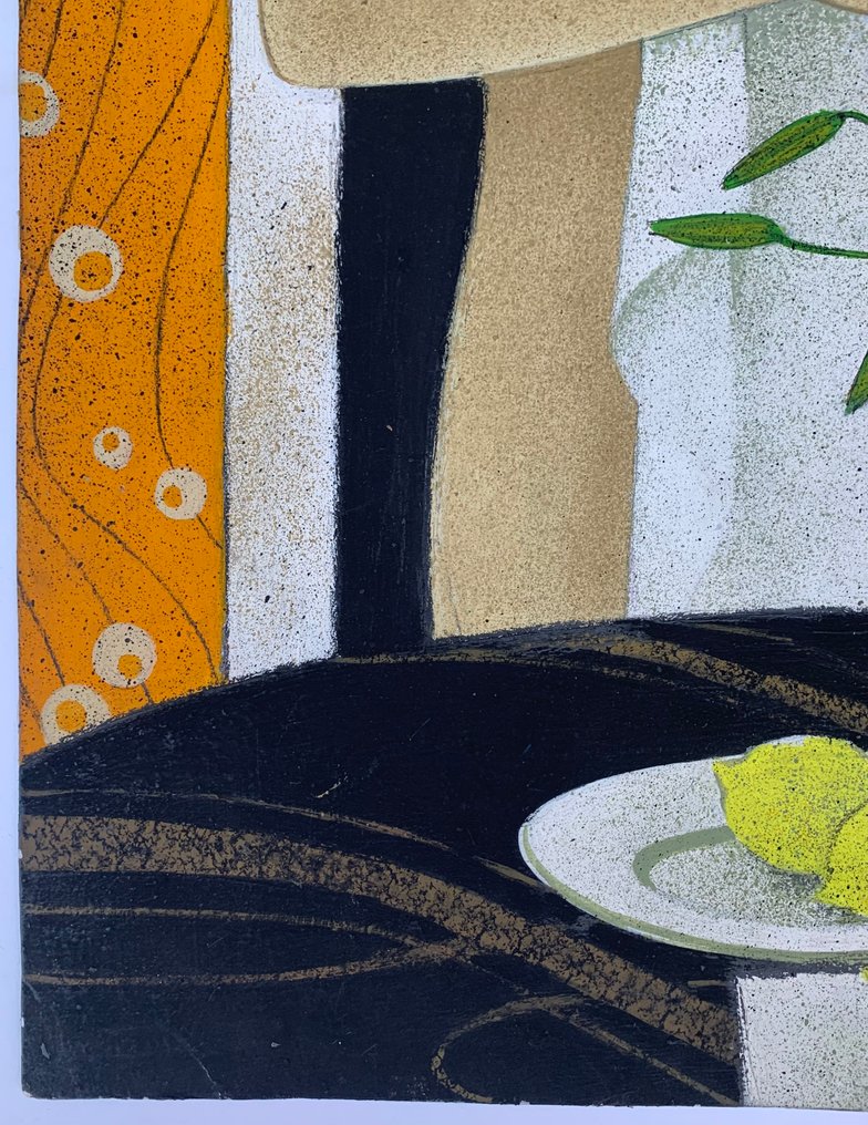 Yves Ganne (1931-2019) - Portrait de femme dans un interieur orange et fleurs (Vendu sans prix de reserve) #4.3