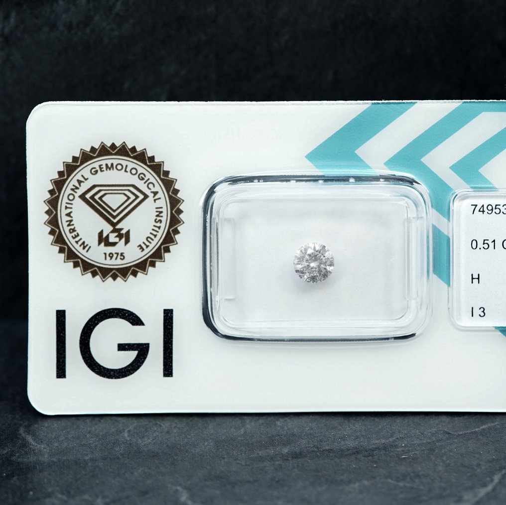 Nincs minimálár - 1 pcs Gyémánt  (Természetes)  - 0.51 ct - Kerek - H - I3 - Nemzetközi Gemmológiai Intézet (IGI) #4.3