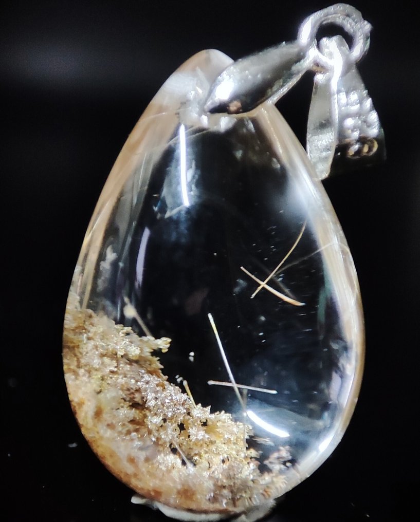 Nagyon gyönyörű, természetes, ritka Phantom/Gold Rutilated Quartz kristálykristály medál, 925 ezüst - Függő #1.0