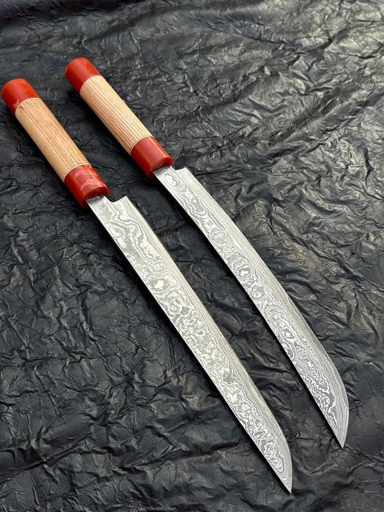 厨刀 -  厨房刀 - 大马士革10/95 15N20厨师刀，手工刀，梯形花纹 - 木头 - 亚洲 #3.2