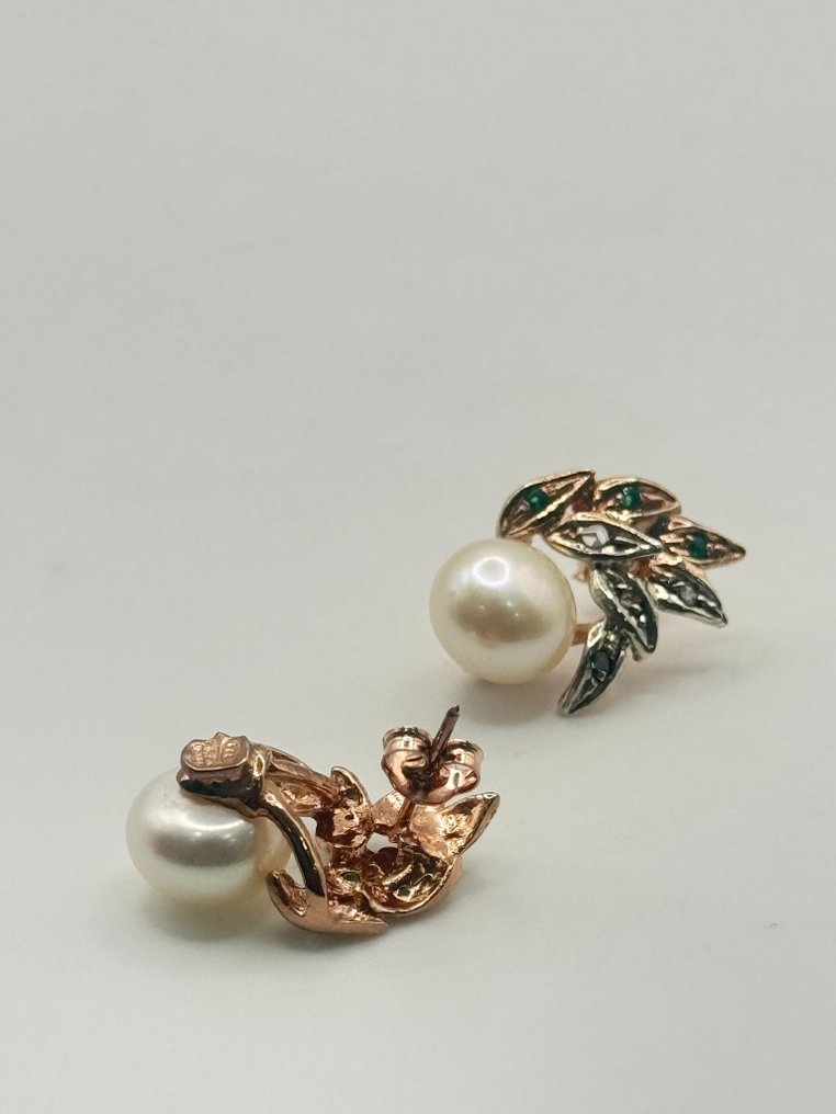 Ingen mindstepris - Øreringe - 9 kt. Sølv, Rosaguld Perle - Smaragd #3.2