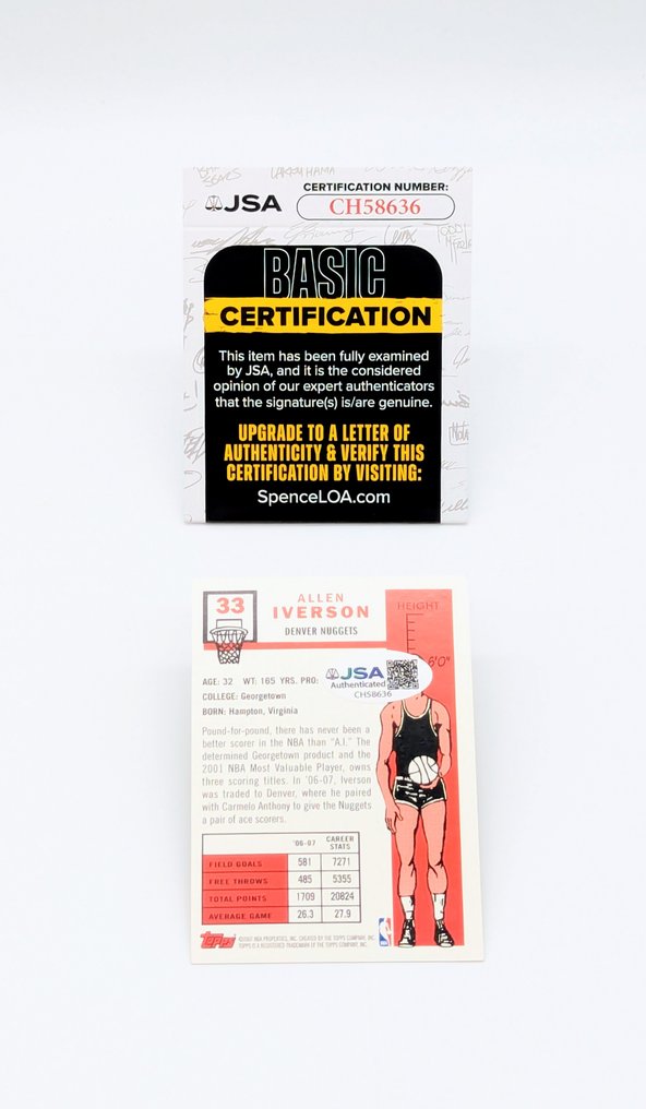 Allen Iverson - 2007 - Cartão de Troca Autografado de Allen Iverson, 2007 Topps 50º Aniversário nº 33, com Certificado JSA #3.2