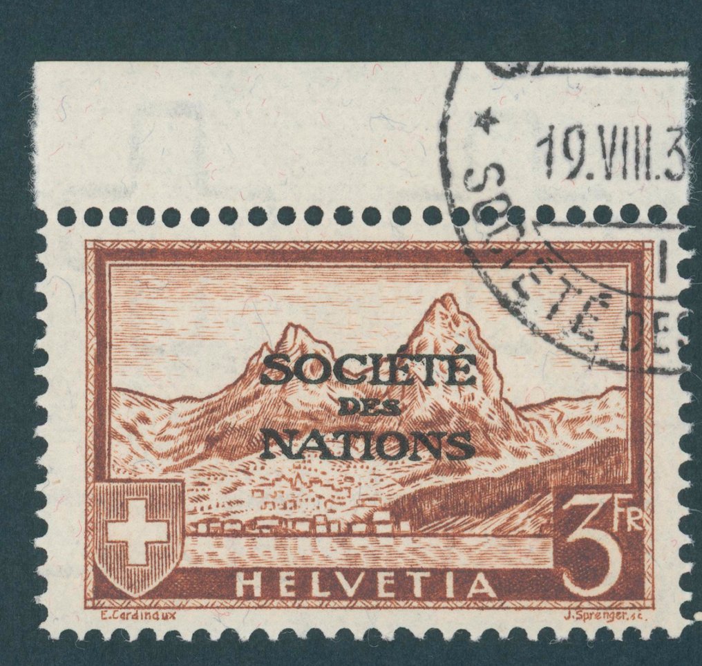 Switzerland 1937 - Cleanly canceled 3 Fr. SDN upper margin piece in perfect condition Mi. No. SDN 56 - Schweiz - Internationale Organisationen SDN #1.0