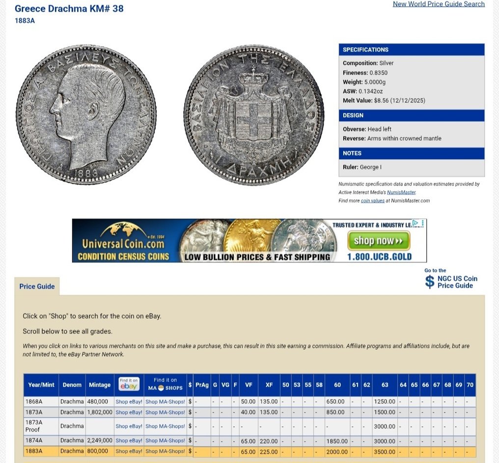 Ελλάδα. George I. 1 Drachma 1868 1 Silver Drachma AU53 NGC #4.3