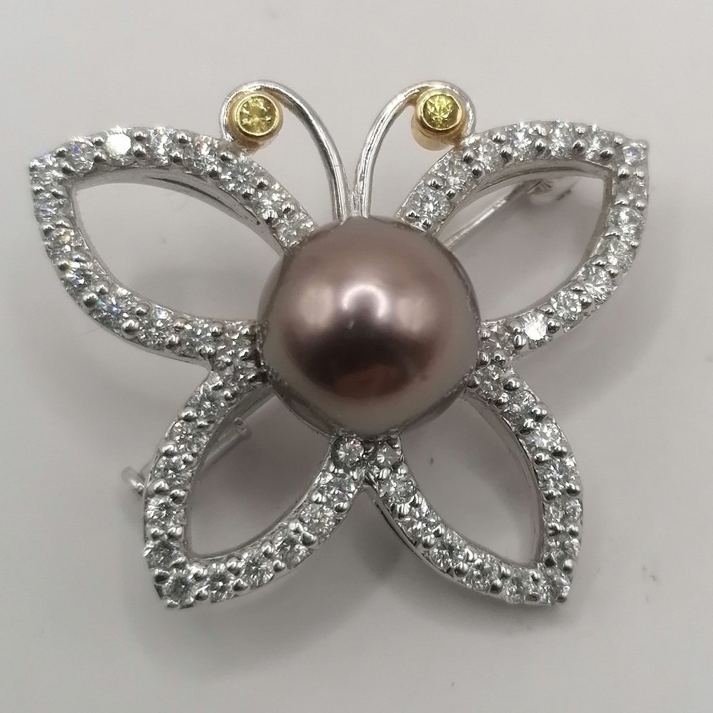 Brosche - 18 kt Weißgold -  1.13ct. tw. Perle - Diamant #1.0