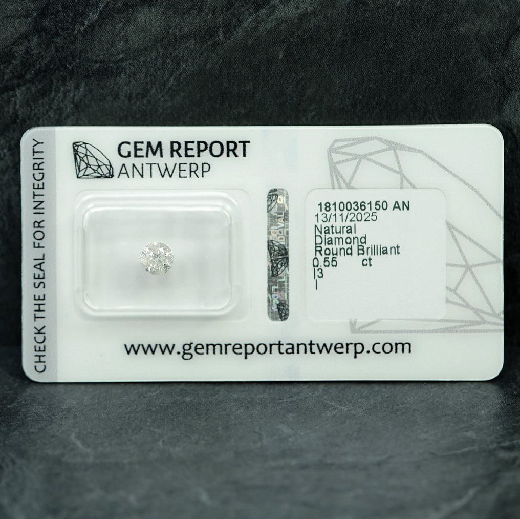 Ei pohjahintaa - 1 pcs Timantti (Luonnollinen) - 0.55 ct - Pyöreä - I - I3 - Jalokivitodistus, Antwerpen (GRA) #2.1