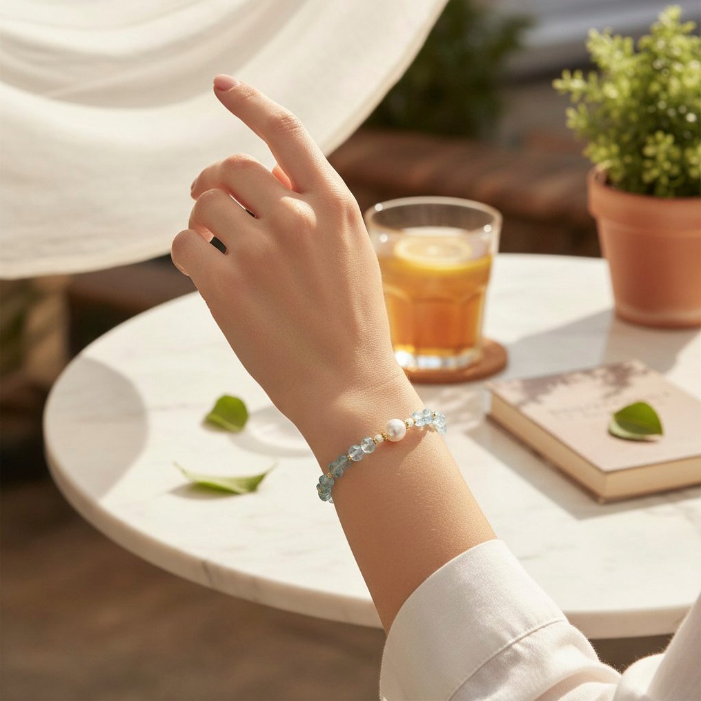 Ingen mindstepris - Armbånd - 18 kraat Gulguld Perle - Akvamarin #2.1