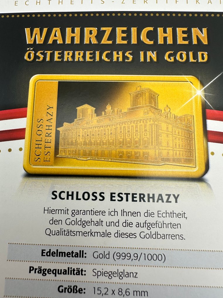 Austria. Gold bar Schloss Esterhazy ,oro , 1/200 Oz (.986) Proof, edición limitada!! (No reserve price) #3.2